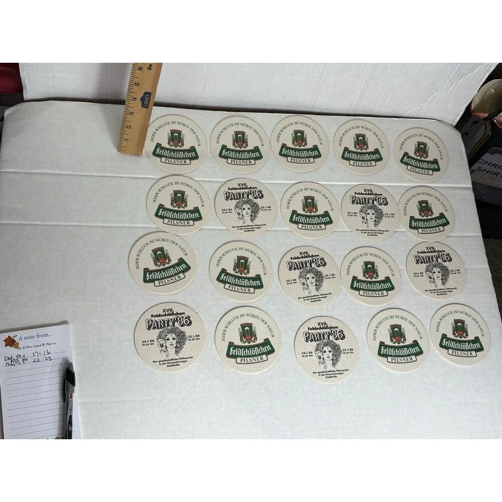 20 Vintage 1986 Feldschlosschen Pilsner German Beer Coasters Party ’86